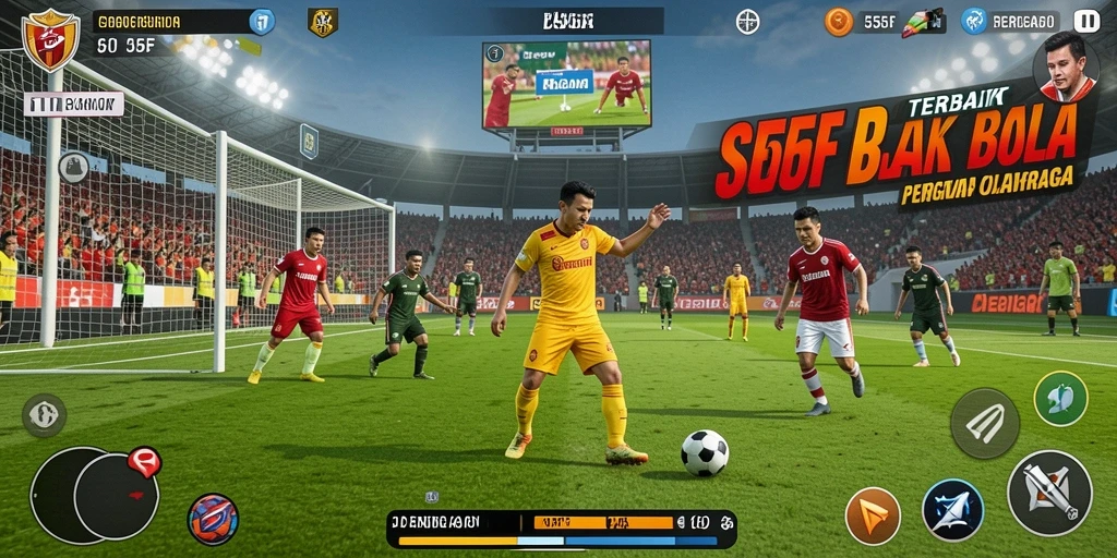 Screenshot game 555F menunjukkan aksi seru di lapangan sepak bola.