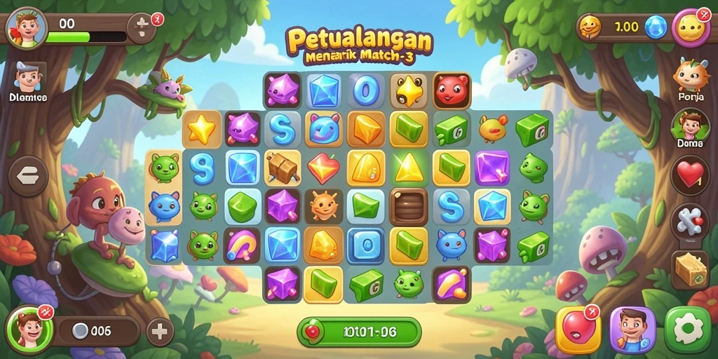 Tampilan gameplay menarik D06 dengan permata berwarna-warni dan tantangan match-3.