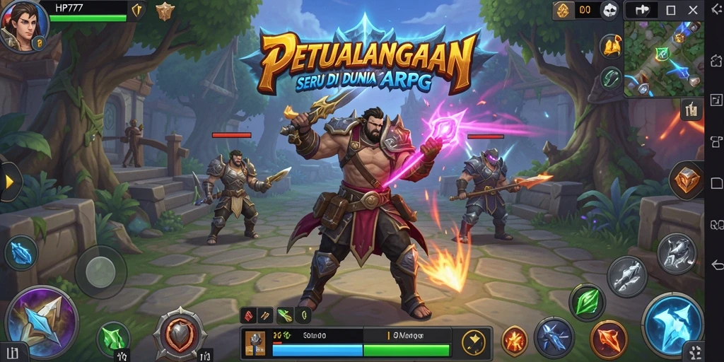 Screenshot menunjukkan karakter bertarung dalam dunia fantasi ARPG yang kaya.