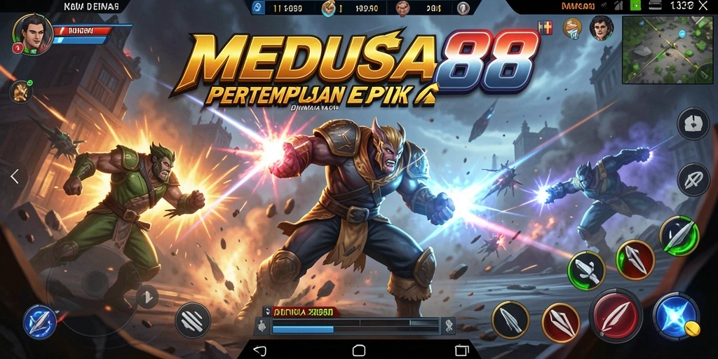 Screenshot utama MEDUSA88 menampilkan pertarungan intens di layar.