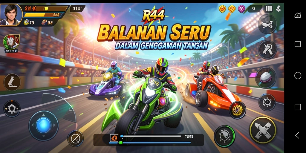 Screenshot gameplay RR44 menunjukkan aksi balapan yang seru dan mendebarkan.