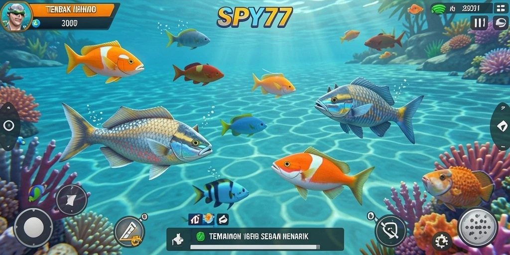Tampilan gameplay <strong>SPY77</strong> dengan aksi menembak ikan yang seru.