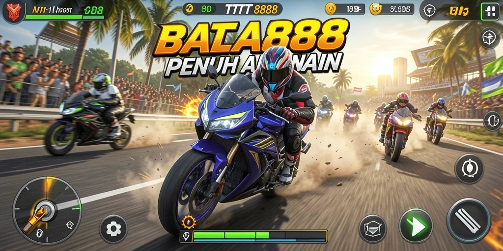 Screenshot dari gameplay TTT888 yang menunjukkan balapan motor yang intens.