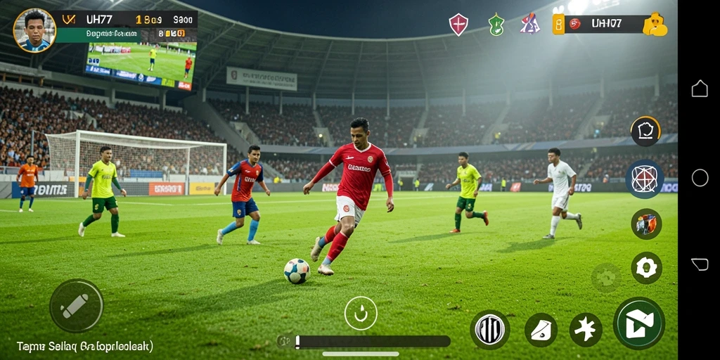 Screenshot gameplay UH77, menampilkan pertandingan sepak bola yang menegangkan.